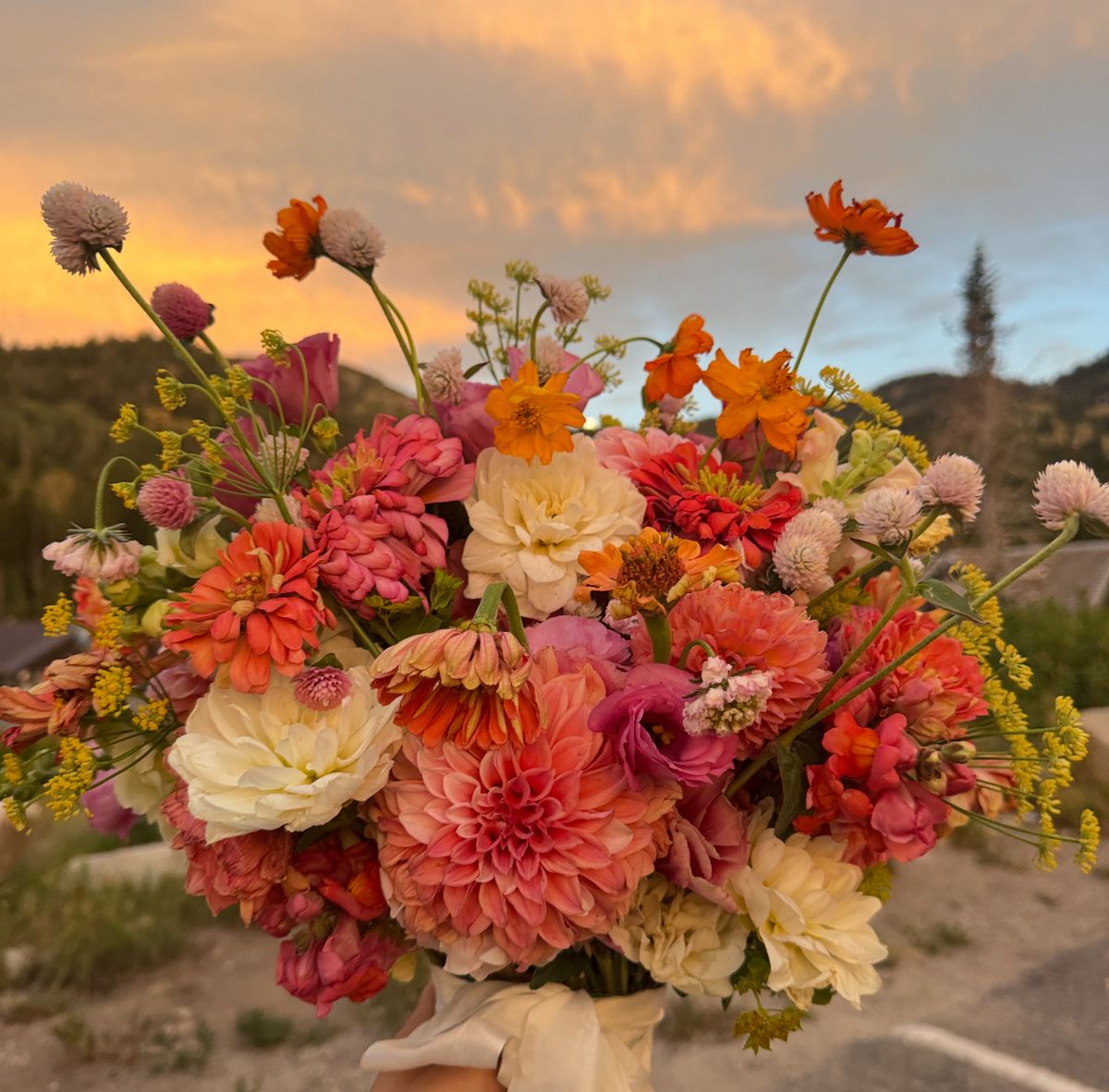 Sunset Meadow bouquet with warm toned flowers