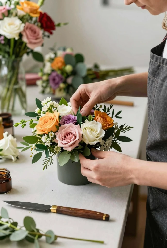 Custom floral design process with florist at work